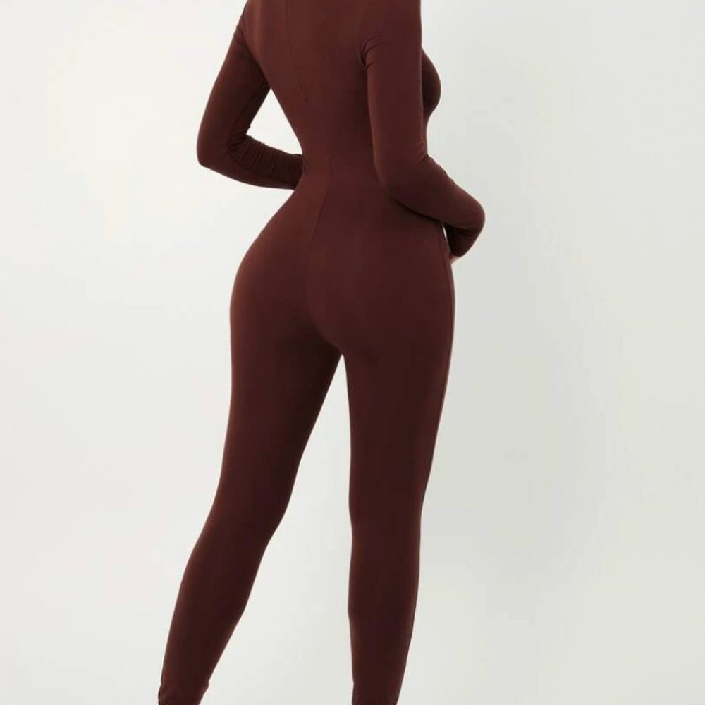 Brown long sleeve jumpsuit bodysuit S - Picture 5 of 5